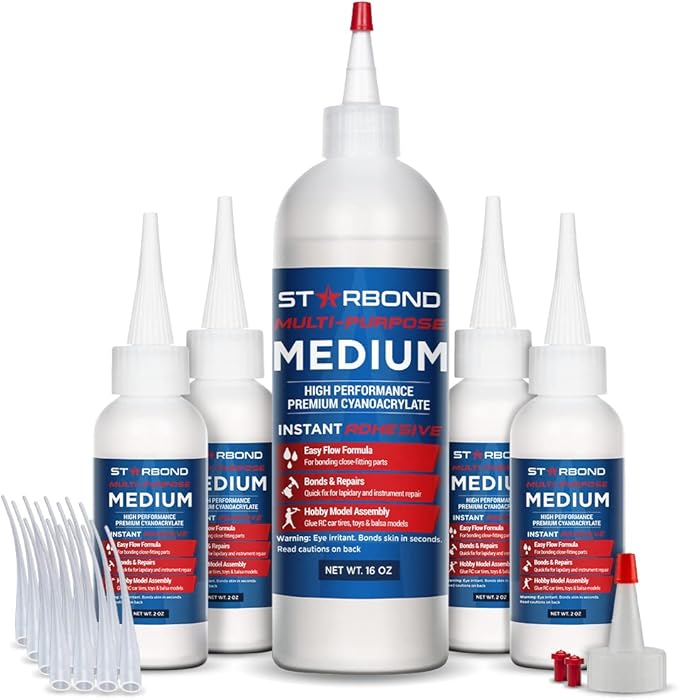 Starbond Medium CA Glue Complete Refill Kit (16 oz) – Cyanoacrylate Super Glue Refill System with Extra Bottles, Caps, Microtips & Yorker Spout for Woodworking, Carpentry, Quick Repairs & Hobby Builds