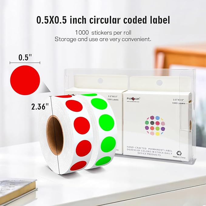 PARLAIM 1/2" Circle Dot Stickers 2 Rolls Pack 2000 Color Coded Labels for Home Commerce Business, Fluorescent Green + Red