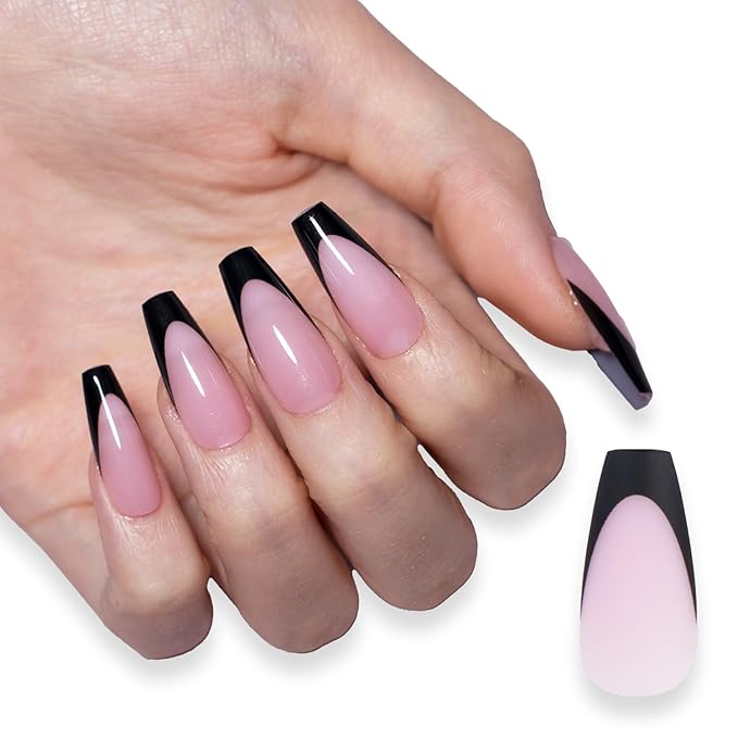 SXC Cosmetics French Tip Press On Nails 150 Pieces in 15 Sizes Ultra Fit with Pre-applied Tip Primer and Base Coat, No Need to File Fake Nails for Nail Art DIY X-Pro Tips (BLACK120-M Coffin)