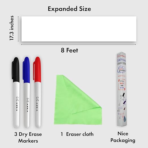 Reusable & Removable White Board Wallpaper | 1.4ft x 8ft Self Adhesive Dry Erase Contact Paper | 3 Markers & Eraser Cloth Included | for Home, Office, School & Kids Art & Decoration (Pack of 2)