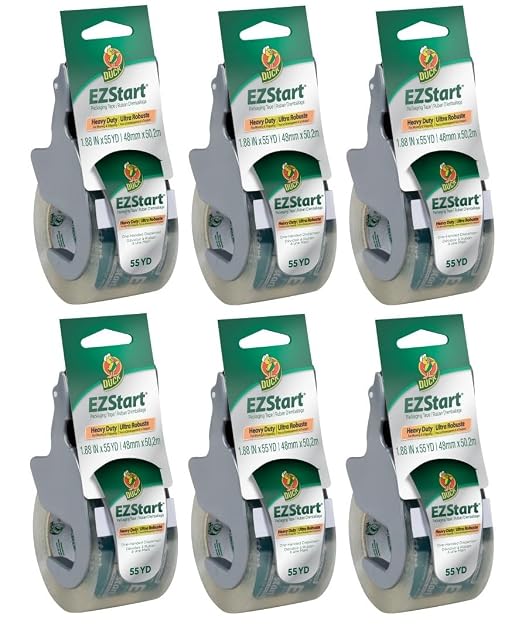 Duck EZ Start Clear Packing Tape with Dispensers – 6 Rolls of Quiet Easy Start Packaging Tape for Boxes, Shipping, Moving & Storage, 1.88 Inch x 55 Yards Each (1259457)