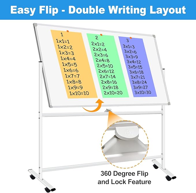 Double-Sided Dry Erase Board with Stand 36"x24", Magnetic Mobile White Board Rolling Whiteboard on Wheels Drawing whiteboard with Stand for Kids & Adults, 2 Eraser, 10 Markers, 12 Magnets