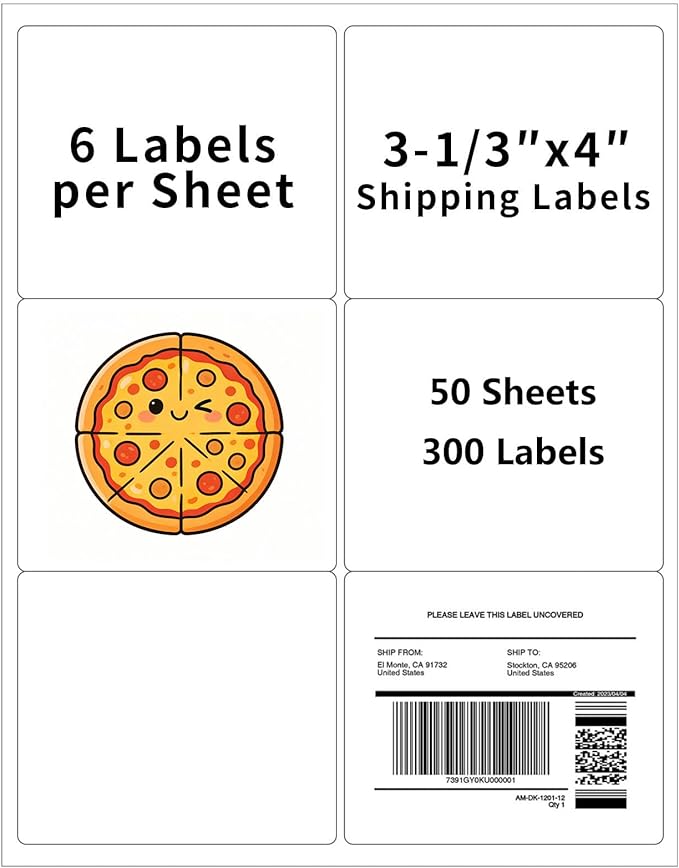 3-1/3" x 4" Shipping Labels, Printable White 6 UP Label for Laser/Inkjet Printers, Self Adhesive FBA Address Matte Mailing Label Stickers(50 Sheets, 300 Labels)
