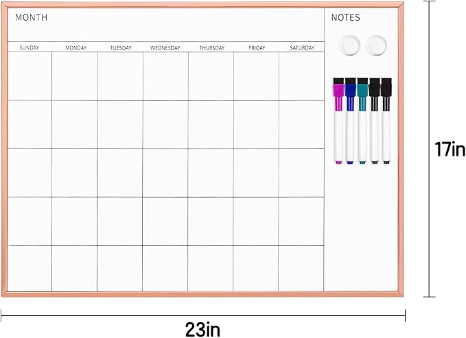 VUSIGN Monthly Calendar Whiteboard, 17" x 23", Rose Gold Frame | Magnetic Dry Erase Calendar with 2 Magnets & 5 Whiteboard Pens, Monthly Calendar Whiteboard for Office School Home