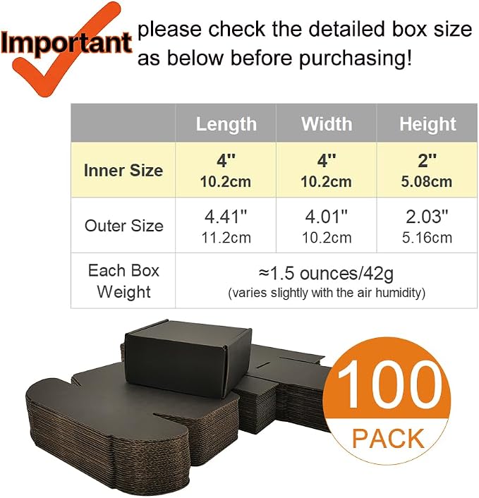 100 Pack 4x4x2'' Small Shipping Boxes, Corrugated Cardboard Mailers for Business, Black (CM442B-100)