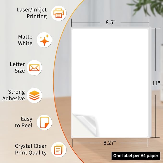 Printable Sticker Paper 8.5 x 11 Full Sheet Labels, 500 Sheets Matte Self Adhesive Sticker Paper for Inkjet & Laser Printer, Full Page Printable Label Paper for Shipping, Address, Product & FBA Labels