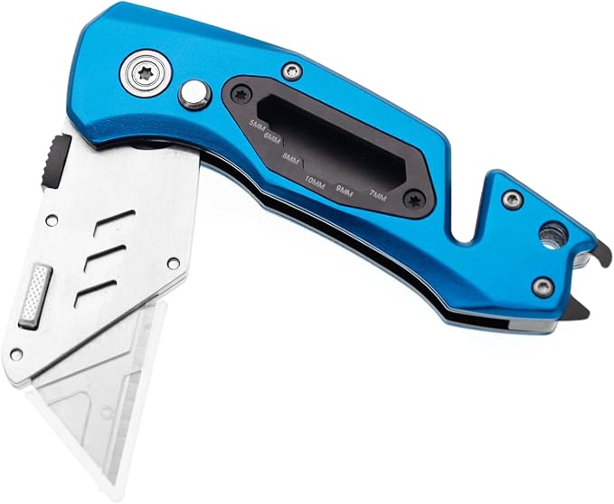 Utility Knife Folding Safety Lock Quick Change with 10 Extra SK5 Replacement Blade Lightweight Aluminum Handle & Pocket Clip Multi-Use Box Cutter Office Home Art Diy Great Gift Choice (Upg V. Blue)
