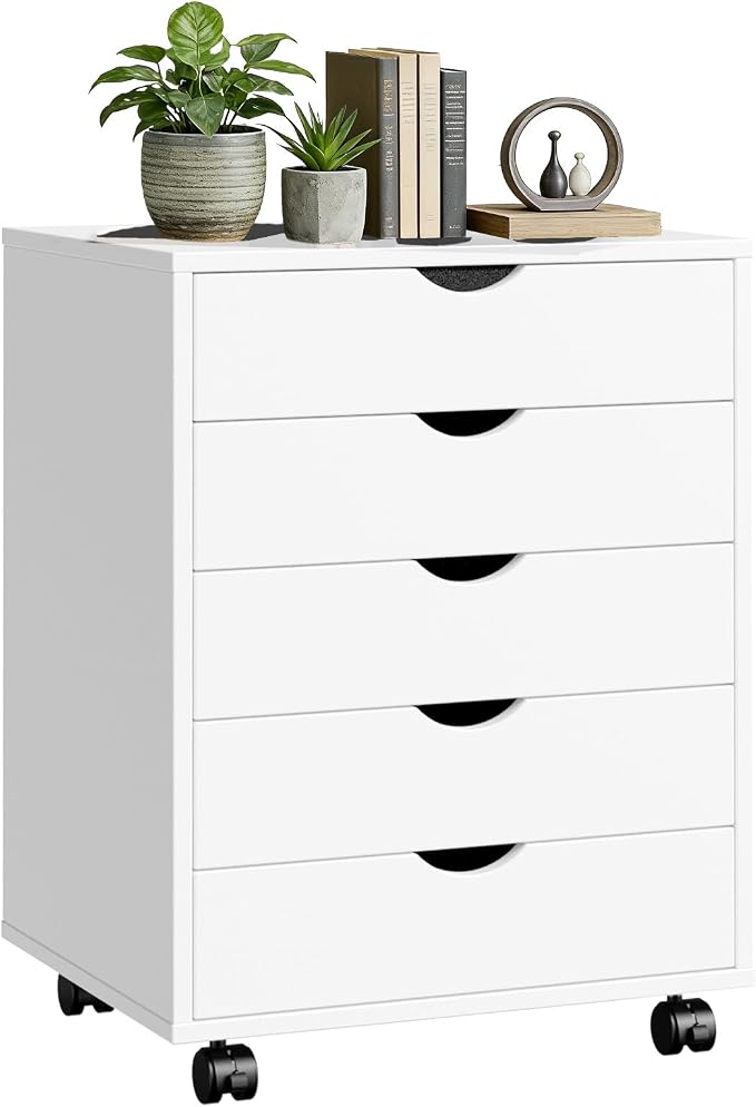 5 Drawers Mobile File Cabinet, Printer Stand Storage Cabinet | Under Desk Storage with Wheels, Vertical Filing Chest Rolling Wood Small Organizer for Home Office, Living Room, Light White