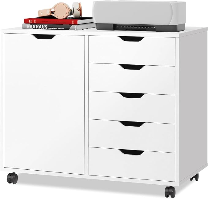 DEVAISE 5-Drawer Wood Drawer Cabinet, Office Storage Cabinet, White | Craft Storage Cabinet, Under Desk Drawer, Rolling Cart Furniture, Adjustable Shelf & Wheels, Printer Stand, Home Office