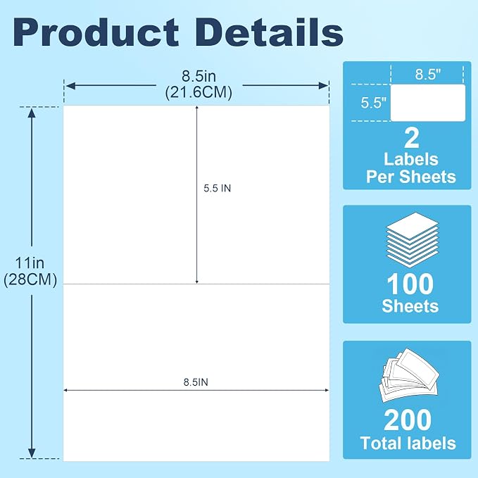 Shipping Labels 8.5" x 5.5" Half Sheet Printable Sticker Paper for Inkjet Printer, Mailing, Shipping, Organizing, 5 1/2 x 8 1/2 Half Page Labels (100 Sheets)