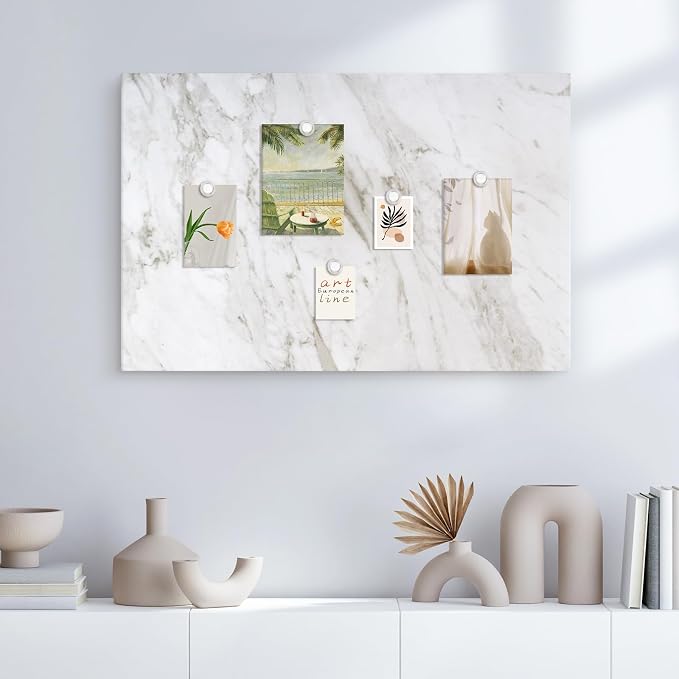 Decorative Magnetic Board for Wall, 24''x18'' Dry Erase Board, White Marble | Magnet Board, Display Board, Wall Mounted, for Home, Office, Kitchen, 2 Markers, 6 Magnets