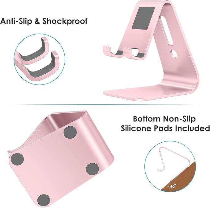 OMOTON C1 Upgraded Aluminum Cell Phone Stand for Desk, Durable Phone Dock | Protective Pads Cellphone Dock for iPhone 17/16/15/14/13 Pro Max Air, iPad mini, Android Smartphones - Rose Gold
