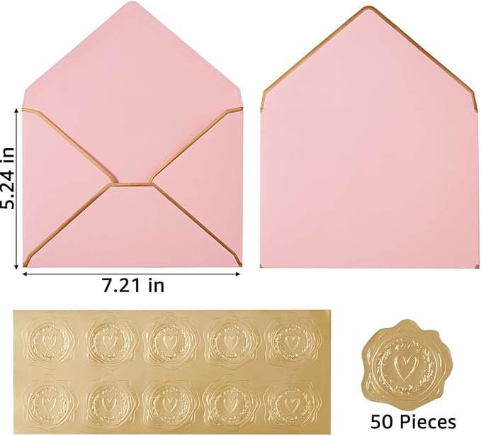 50 Pieces A7 Envelopes with Gold Border, 5.24 x 7.21 Inches Envelopes with Gold Stickers for Greeting Cards and Invitation (Pink, A7-5x7)