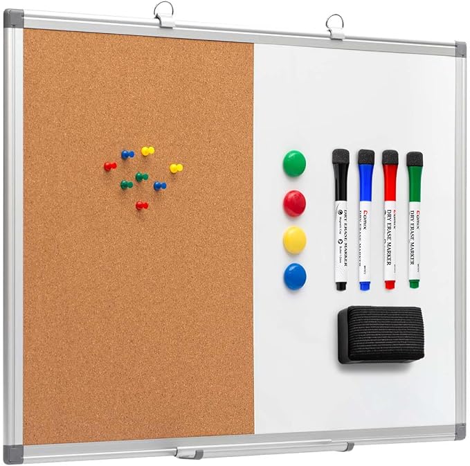 Comix Cork Board Magnetic Dry Erase Board Combo, 24 x 18 Inches Whiteboard and Bulletin Board Combination, Aluminum Frame Vision Board with 4 Dry Erase Markers, 4 Magnets, Eraser, Push Pins | Magnetic whiteboard & bulletin Board combo, contains 4 marke...