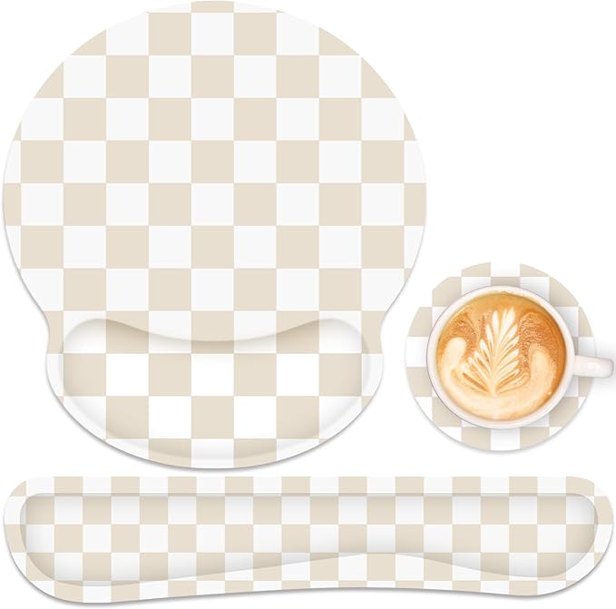 Ergonomic Mouse Pad with Wrist Rest and Keyboard Wrist Rest, Mousepad | Memory Foam Wrist Rest for Computer Keyboard, Pain Relief, Non-Slip Base, Mouse Pad Wrist Support for Gaming, Beige Checkered