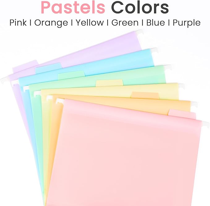 Sooez Tear-Resistant Plastic Hanging File Folders Letter Size, 6 Count File Organizer Suitable for File Cabinet Filing Cabinets, 1/6-cut Adjustable Tabs for Office, School, Pastels Colors, Pink