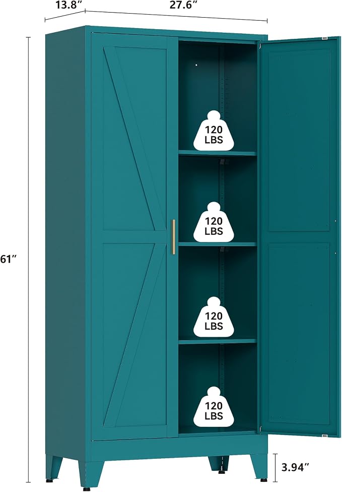 QINPTWUT 61" Metal Storage Cabinet, 4-Tier Kitchen Pantry with 3 Adjustable Shelves, Farmhouse Design Freestanding Cupboard for Kitchen, Bathroom, Laundry, Garage, Blue