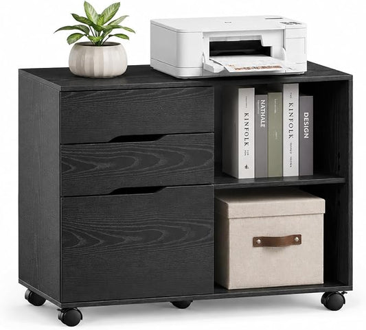 Simple Deluxe 3 Drawer Rolling File Cabinet, Wood Printer Stand with Adjustable Shelf for Home Office Study Organizatiom, Black