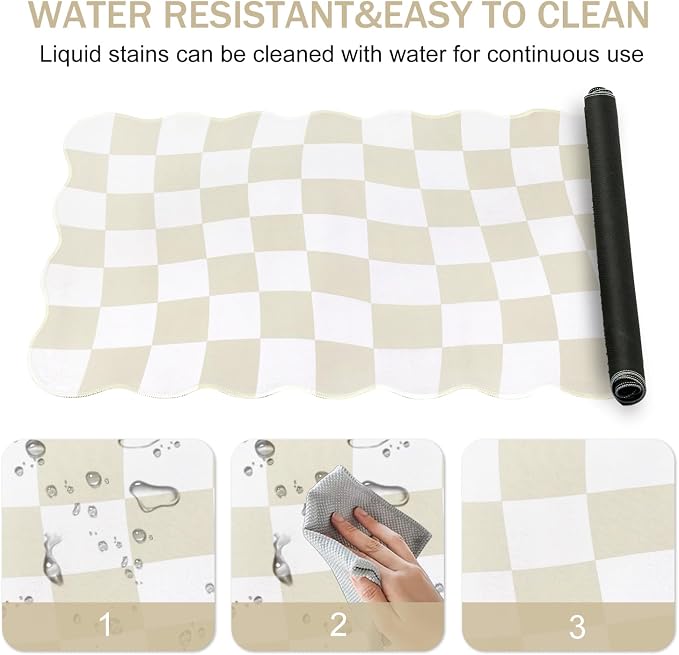 L-SPOUTTO Beige Checkered Mouse Pad,Scalloped Desk Mat XXL Gaming Mousepad | Geometric Large 35.4x15.7in Non-Slip Rubber Base Keyboard Pad Waterproof Desktop Mat for Laptop Computer Game Home Office