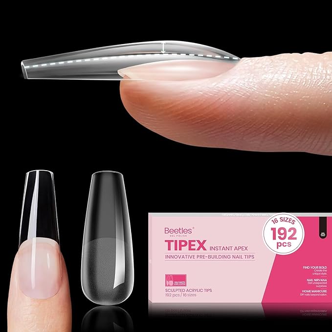 Beetles Tipex Instant Apex Nail Tips, Long Coffin, 16 Sizes |00–14, 192pcs, Built-In Apex, No Builder Gel Required, Thicker Strong Acrylic Tips for DIY Nail Extensions