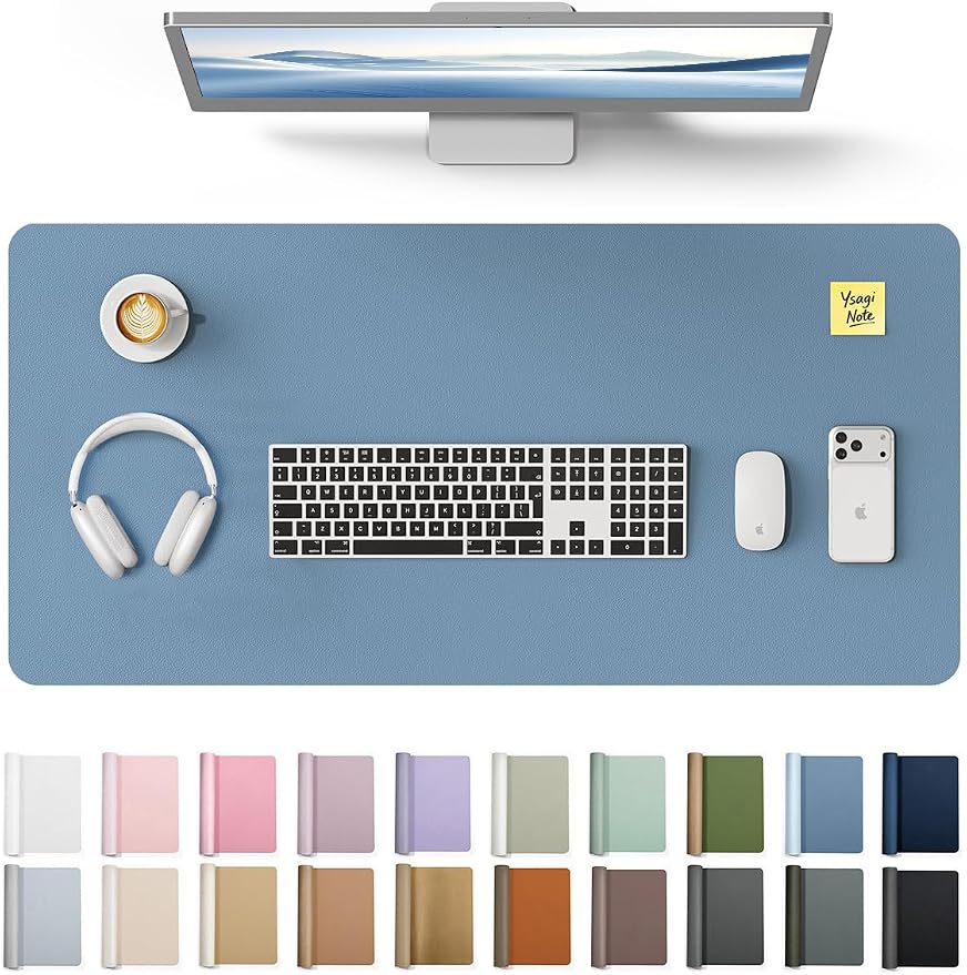 YSAGi Leather Desk Protector, Office Mat, Large Mouse Mat, Non-Slip PU Leather Blotter, Laptop Desk Pad, Waterproof Writing Pad for Office and Home (Blue, 35.4" x 17")