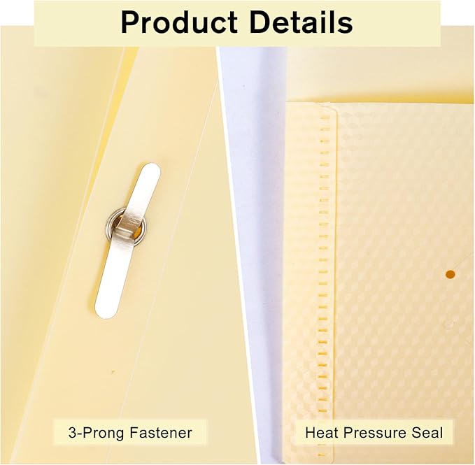 6-Pack Plastic andPockets and Prongs,2-Pocket and3 Fasteners, Pastel Folders Holds 8-1/2" x 11" Paper for School/Office/Home, Yellow