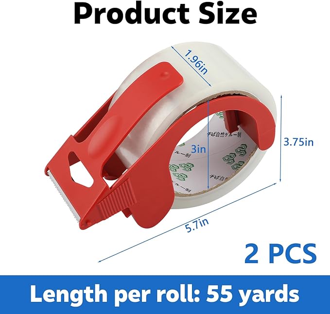 2 Rolls Packing Tape with Dispenser, 2 inch x 55 Yd Clear Packaging Tape, Heavy Duty Shipping Tape for Moving Boxes Shipping Mailing Gift Wrapping