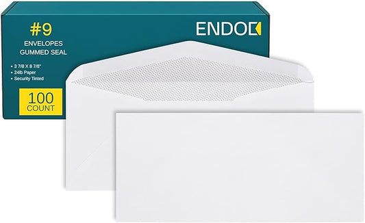 #9 Security Tinted Envelopes - 100 Pack - Letter Size 3 7/8" x 8 7/8" - Gummed Seal for Business, Return Mailing, Legal, Checks, Invoices, Statements - 24lb Plain