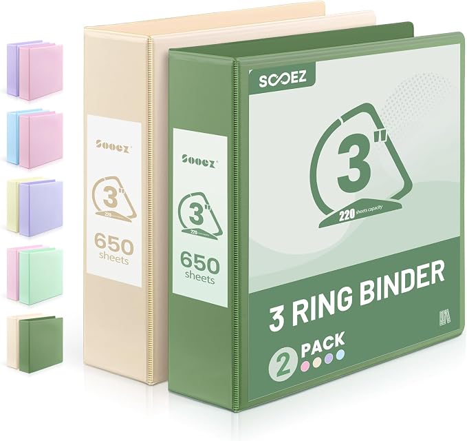 Sooez BinderX 3 Inch 3 Ring Binder, D-Ring Large Binders, Holds 650 Sheets | 8.5x11 Paper, PVC-Free, Customizable View Cover with 2 Inside Pockets, School & Office Supplies, Assorted Pastels, 2-Pack