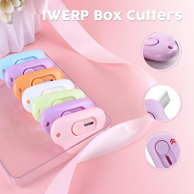 24 Pack IWERP Box Cutters - Pink Letter Openers for Women Cute Box Opener | Box opener cute, iwerp cloud box cutters, retractable safe lock, bulk 24 pack, ideal for office packages, mail & everyday use