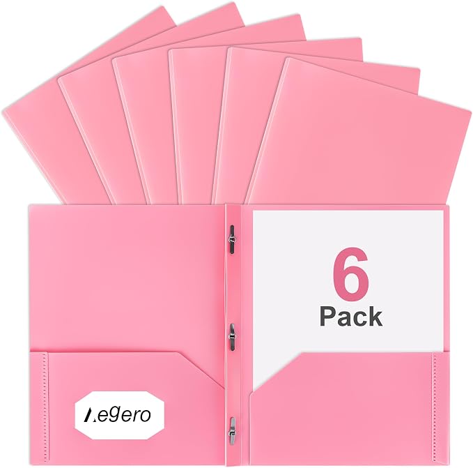Folders with Pockets and Prong with Fasteners (6 Pack, Pink) | Durable Plastic Pocket Folders with Prongs,Tear Resistant,2 Pocket 3 Prong Folders for Schoolwork & Office,Letter Size