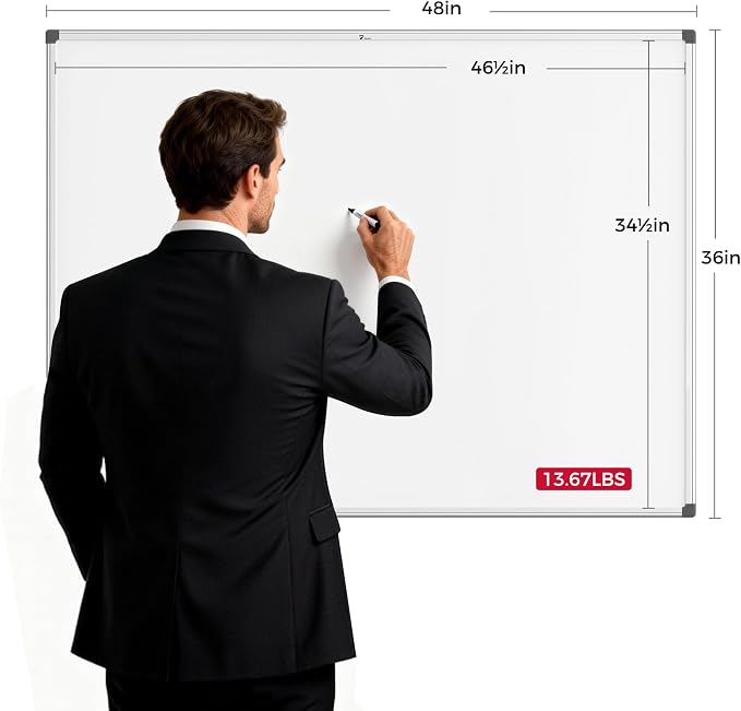 TOWON Magnetic Dry Erase Whiteboard 48x36 in, 4x3 ft, Silver Aluminum | Large white board for wall with marker tray and 2 magnets, for office, classroom and home