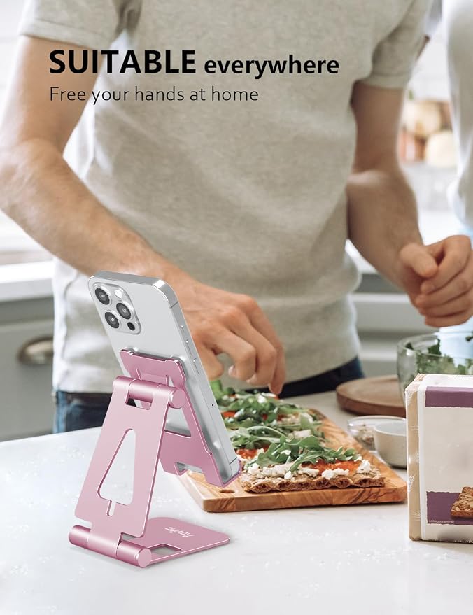 Aoviho Foldable Cell Phone Stand for Desk, Holder for iPhone,Pink | Folds Flat for Easy Storage, Hands-Free Viewing, Fits iPhone 17/16/15 Series & Samsung Galaxy, Ideal for Office & Home
