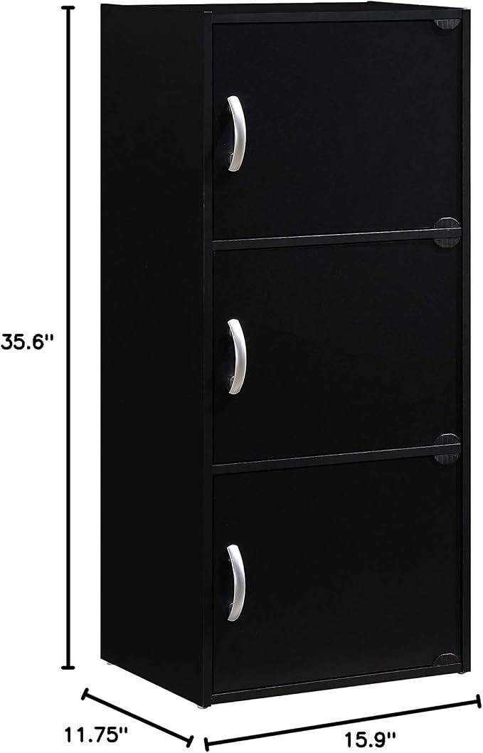HODEDAH IMPORT 3-Shelf Bookcase Cabinet, Black