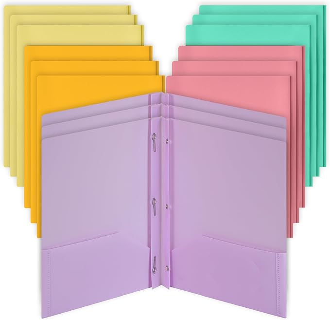 Mr. Pen- Plastic Folders with Pockets and Prongs, 15 Pack, Letter Size, Pastel Color, Flexible Plastic Folders with Prongs