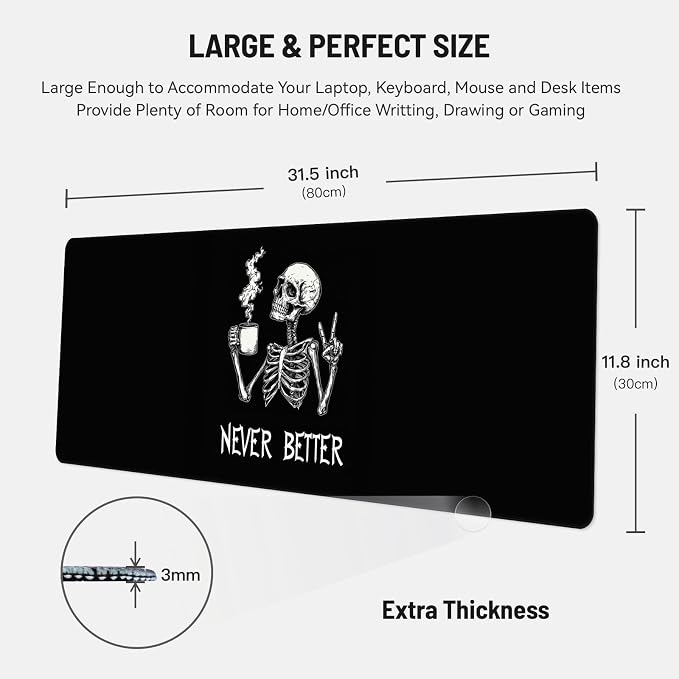Mousepad Desk Mat Gaming Large Keyboard Cute Office Desktop Computer Laptop XXL Long Big Kawaii Aesthetic Girly Pretty Design Women Girl Gamer Oversized Wide 30x12'' Mousepad, Skeleton Coffee
