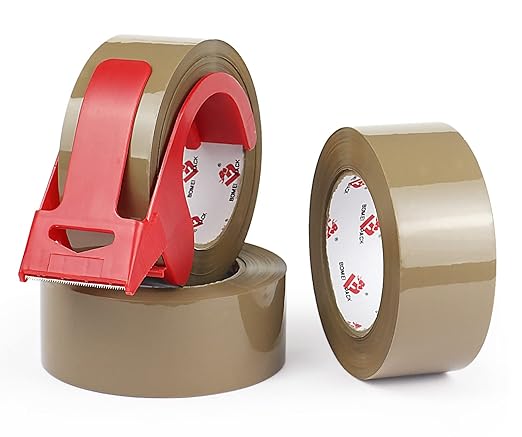 BOMEI PACK Heavy Duty Brown Packing Tape with Dispenser, 2.6 mil, 1.88 inch x 110 Yards (3 Pack), Total 330Y, Brown Tape Refills for Shipping, Mailing, Moving & Storage