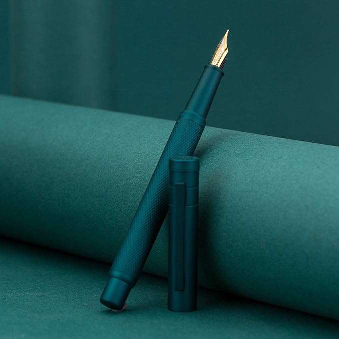 Asvine Dark Green Fude Pen, Bent Nib Fountain Pen Calligraphy (Fine to Broad) with Converter and Metal Pen Case Set