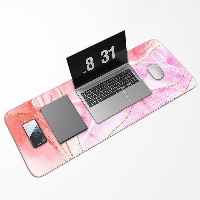 Pink Mouse Pad, Large Gaming Mouse Pad, Non-Slip Base and Stitched Edges, for Gaming, Home, Office, 31.5 x 11.8 Inch, Cute Desk Pad, Rose Gold Marble