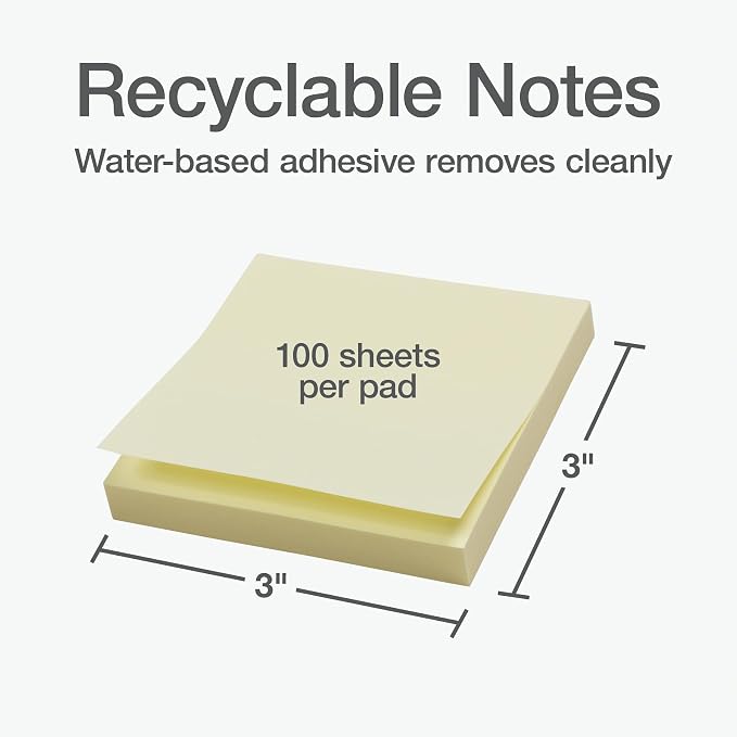 Redi-Tag Sticky Notes, Power Stick Notes, 3" x 3" Recycleable Adhesive Notes, Strong Adhesive Memos, Yellow, 24 Pack, 100 Sheets per Pad (1014128)