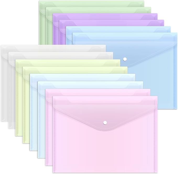 EOOUT 14pcs Plastic Envelopes, Plastic Folders for Documents, Poly Folders with Snap Closure, A4 Size, Letter Size, for School and Office Supplies