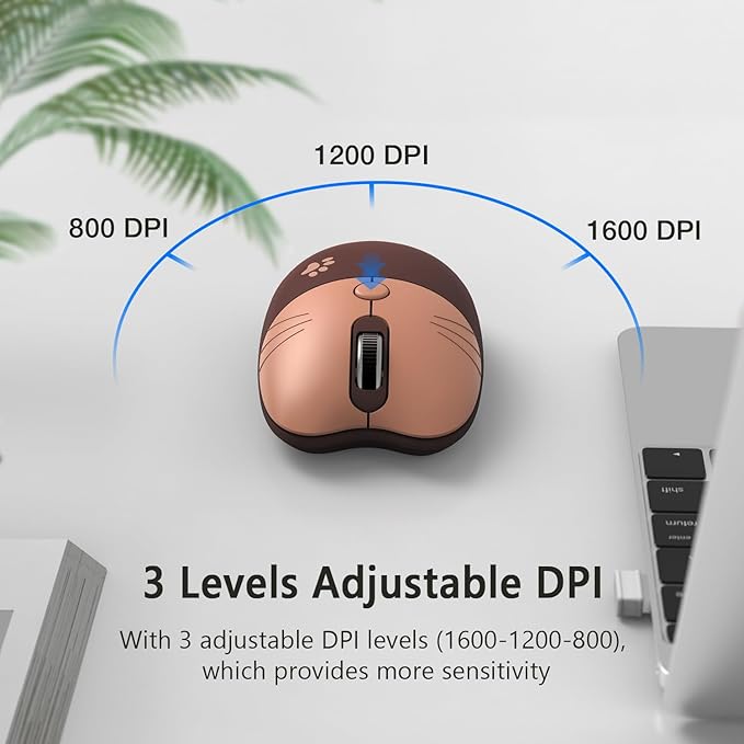 Cute Cat Wireless Mouse, 2.4GHz Wireless Silent Mouse, USB Receiver Plug and Play, 3 Adjustable DPI, Compatible with Notebook, PC, Laptop, Computer- Coffee Colorful
