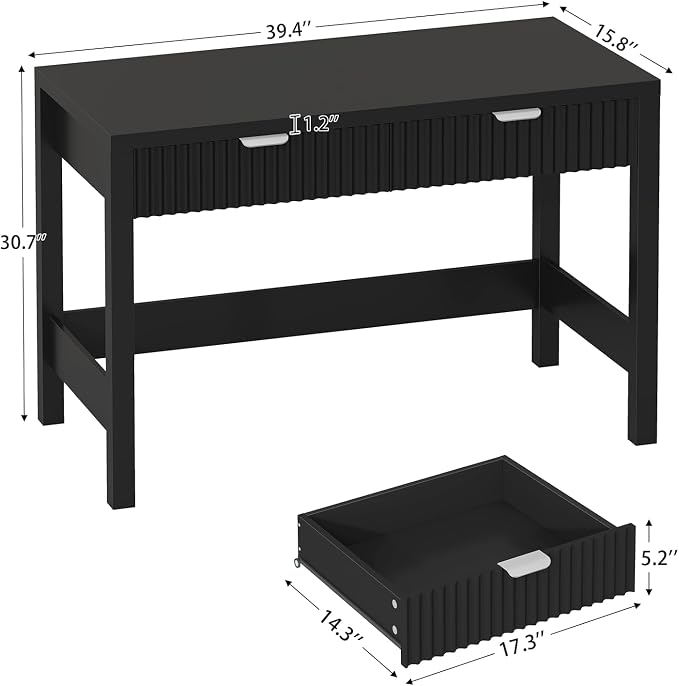 39 Inch Small Fluted Computer Desk with 2 Drawers for Bedroom, Home Office | Small Computer Desk with Storage, Compact Writing Study Desk for Small Spaces, Black