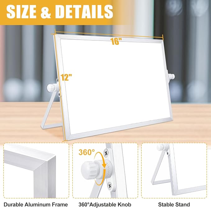Desk White Board, Whiteboard with Stand, Small White Dry Erase Board | 16" x 12" Double Sided White Board Dry Erase, Portable Small White Board, Desktop White Board for Home, School, Office