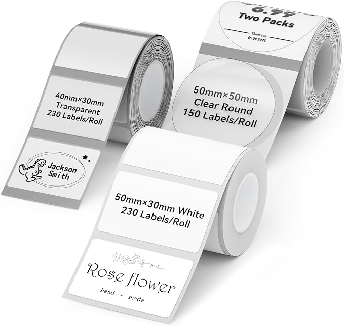 NIIMBOT 3Rolls Thermal Label Tape for B1/B2/B21/B31/B3S/K3 Label Maker | Multi-Size Pack, 50x30mm White, 40x30mm Clear, 50x50mm Round | for Address, Jar, Gift, Logo & File Organization Stickers