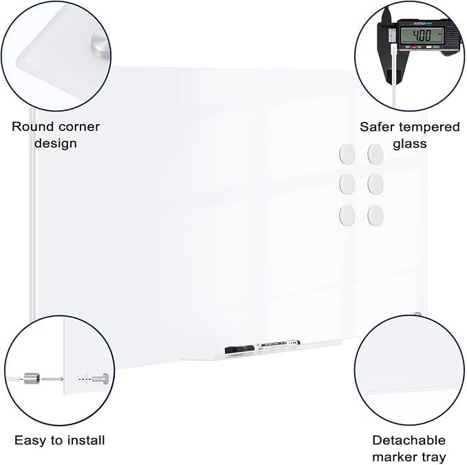 Magnetic Glass Whiteboard, 8' x 4', Frameless Wall Mount, Ultra White | 96" x 48", Large Glass Dry Erase Board for Wall, Includes 1 Marker Tray, 10 Magnets, White Board for Office, Home, Classroom