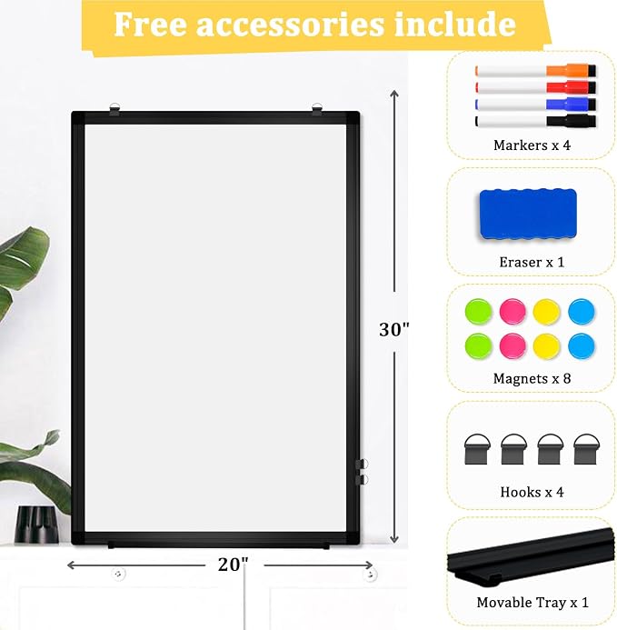 Double-Sided Magnetic Black Aluminum Frame Whiteboard, 24" x 18" | White Board for Wall, Hanging Mounting White Board Dry Erase Board Marker Board for Kitchen, Memo, School, Home, Office