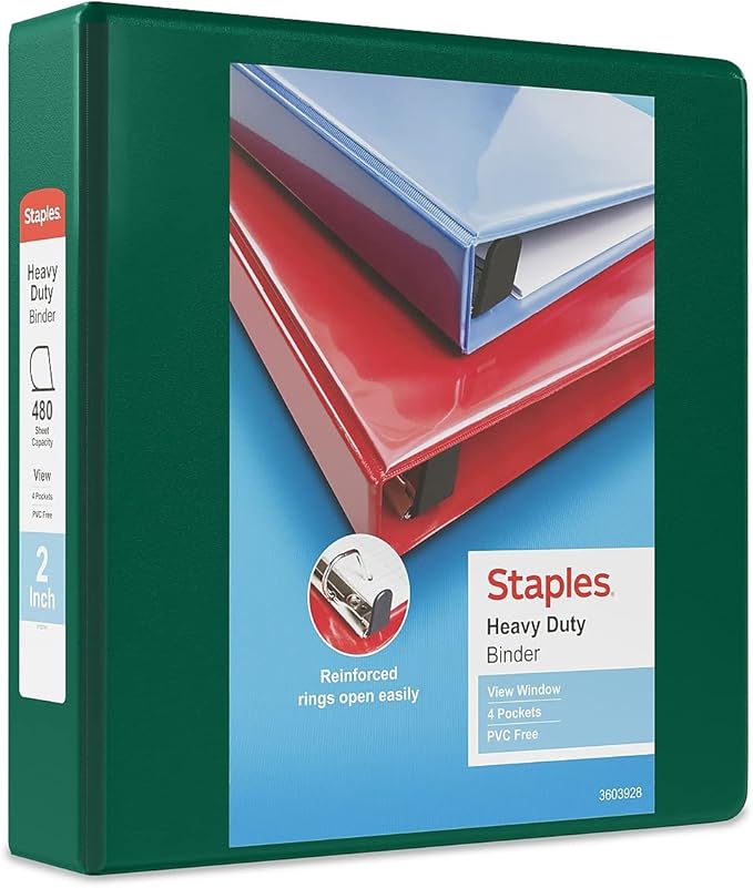 Staples Heavy-Duty 2-Inch D-Ring View Binder, Reinforced Spine, Holds Up to 450 Sheets, Green, for Office & School