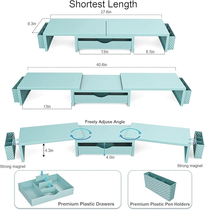 gianotter Dual Monitor Stand Riser With Drawer and 2 Pen Holders | Computer Monitor Stand Desk Organizer and Accessories Desk Shelf for Top of Desk (Blue)
