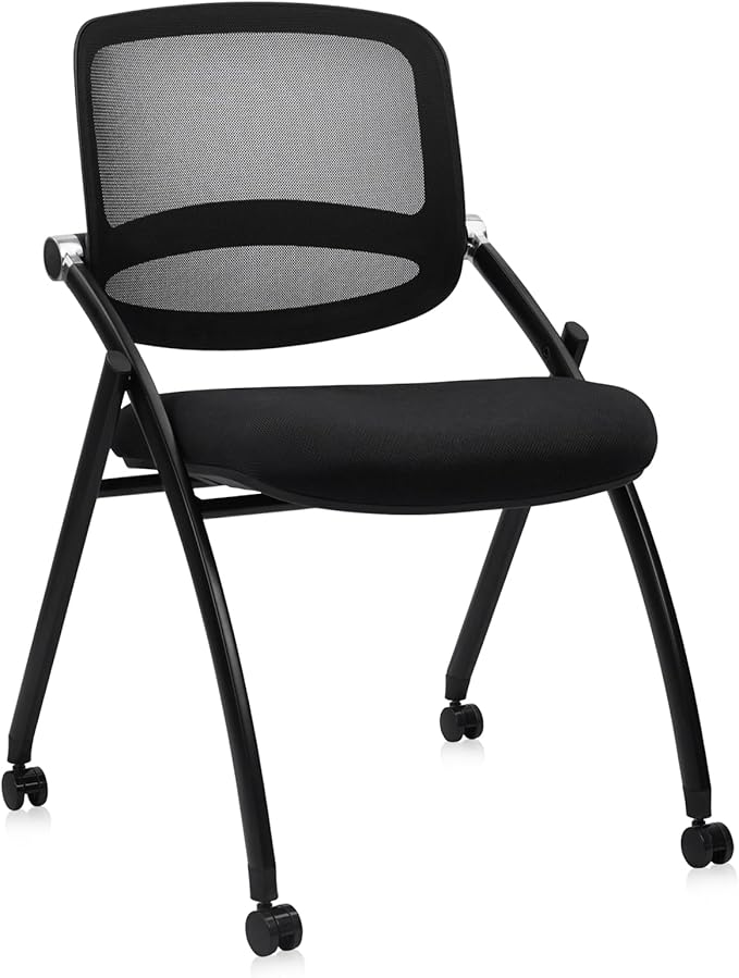 CLATINA Stackable & Foldable Conference Chair with Wheels, Ergonomic Mesh Back,300lbs Capacity, Breathable Padded Seat, Armless Office Chair for Reception, Training, Home Office, Black, 1PK